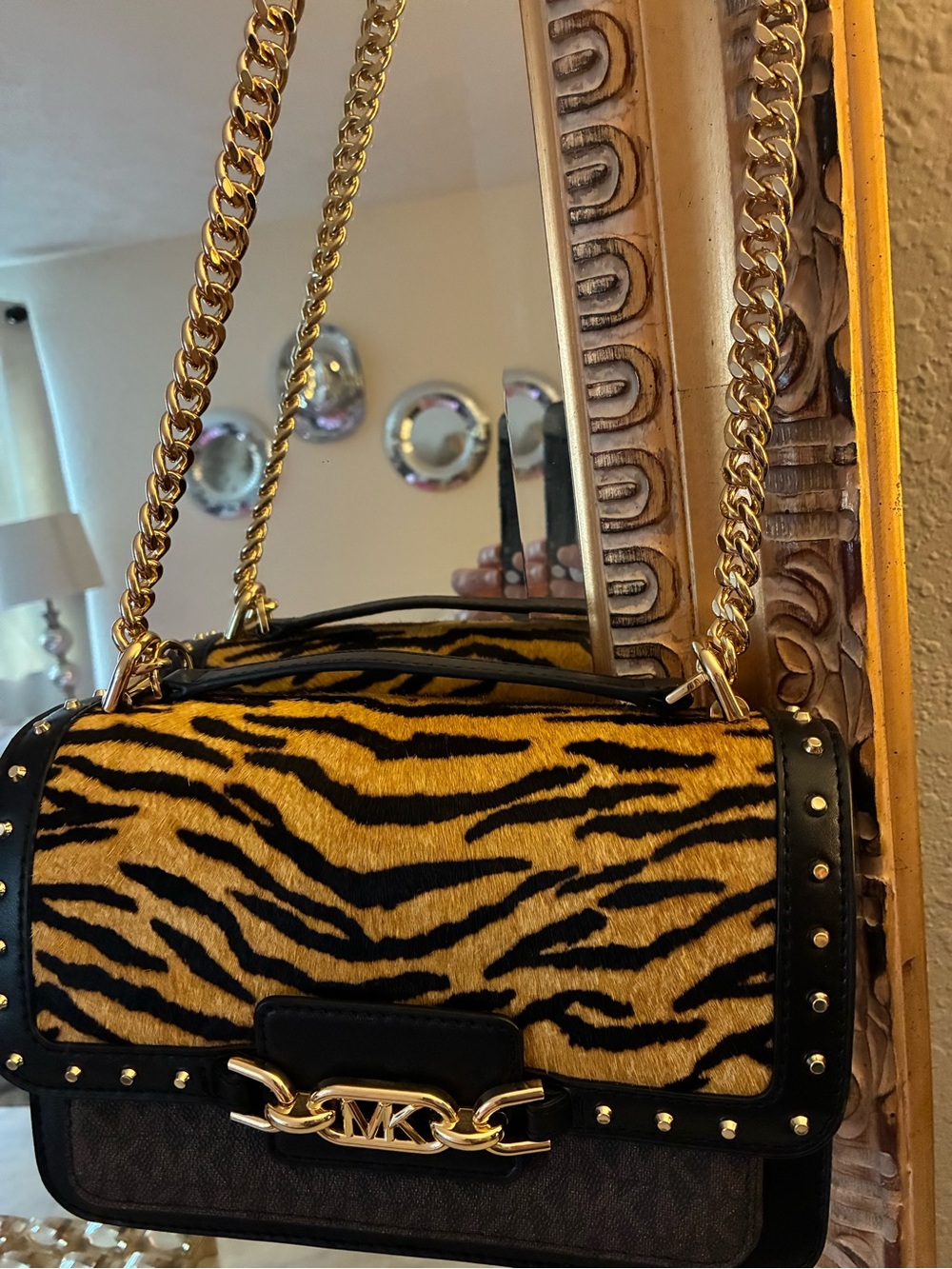 Michael Kors Tiger-Print Crossbody Bag in Yellow and Black with Gold Hardware
